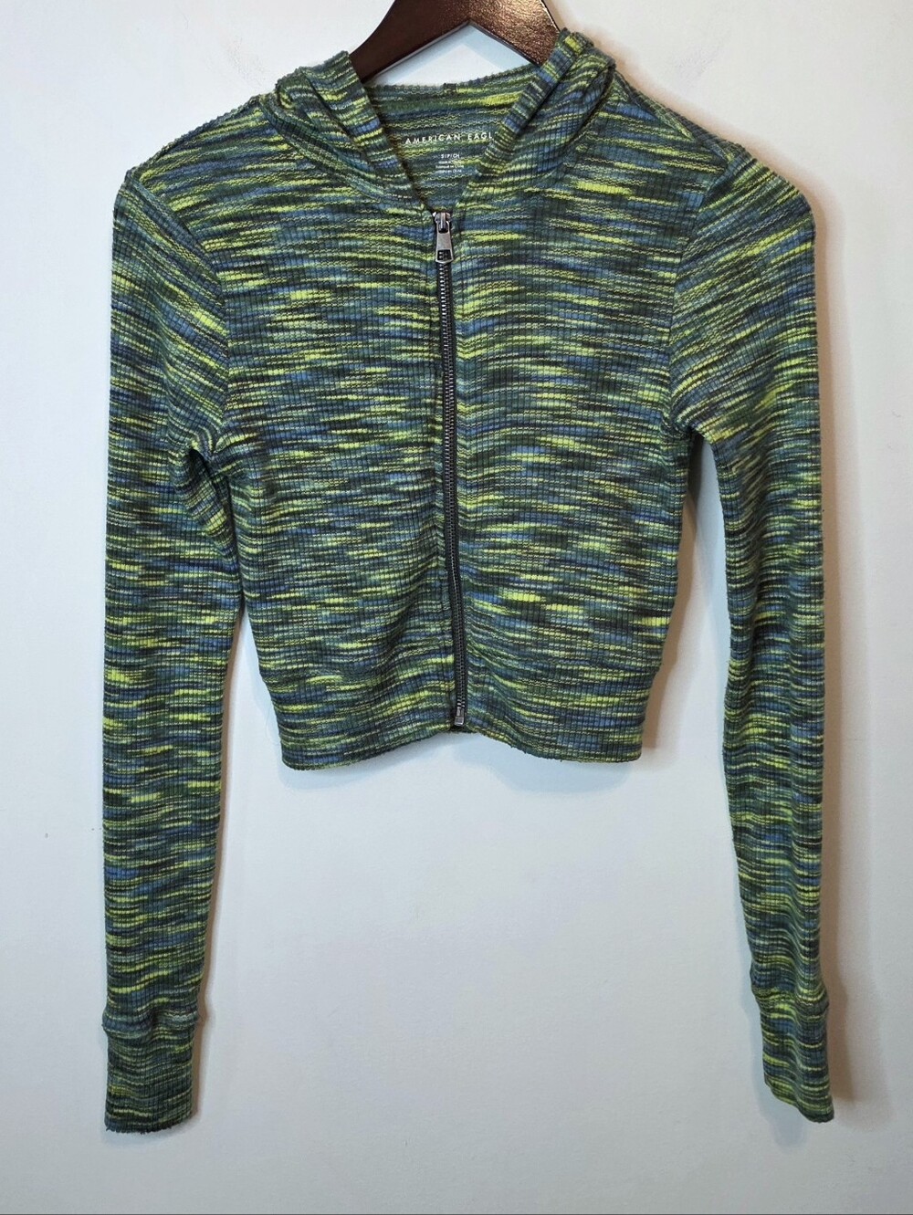 American Eagle Ribbed Green Yellow Space Dye Cropped Full Zip Hoodie Y2K Small